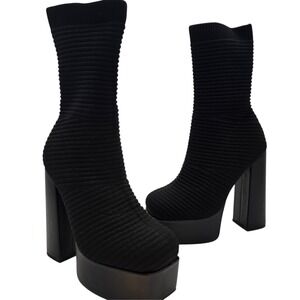 KYX Black‎ Ribbed Sock Ankle Boots Platform Chunky Heel Size 8 Unworn